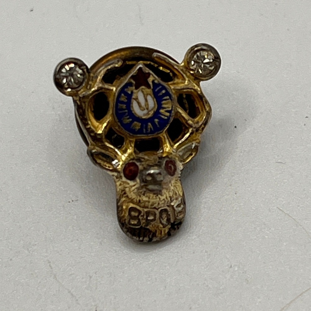 Vintage BPOE Elks Lodge Gold Tone & Enamel Lapel Pin Elk Head Red Eyes Stones